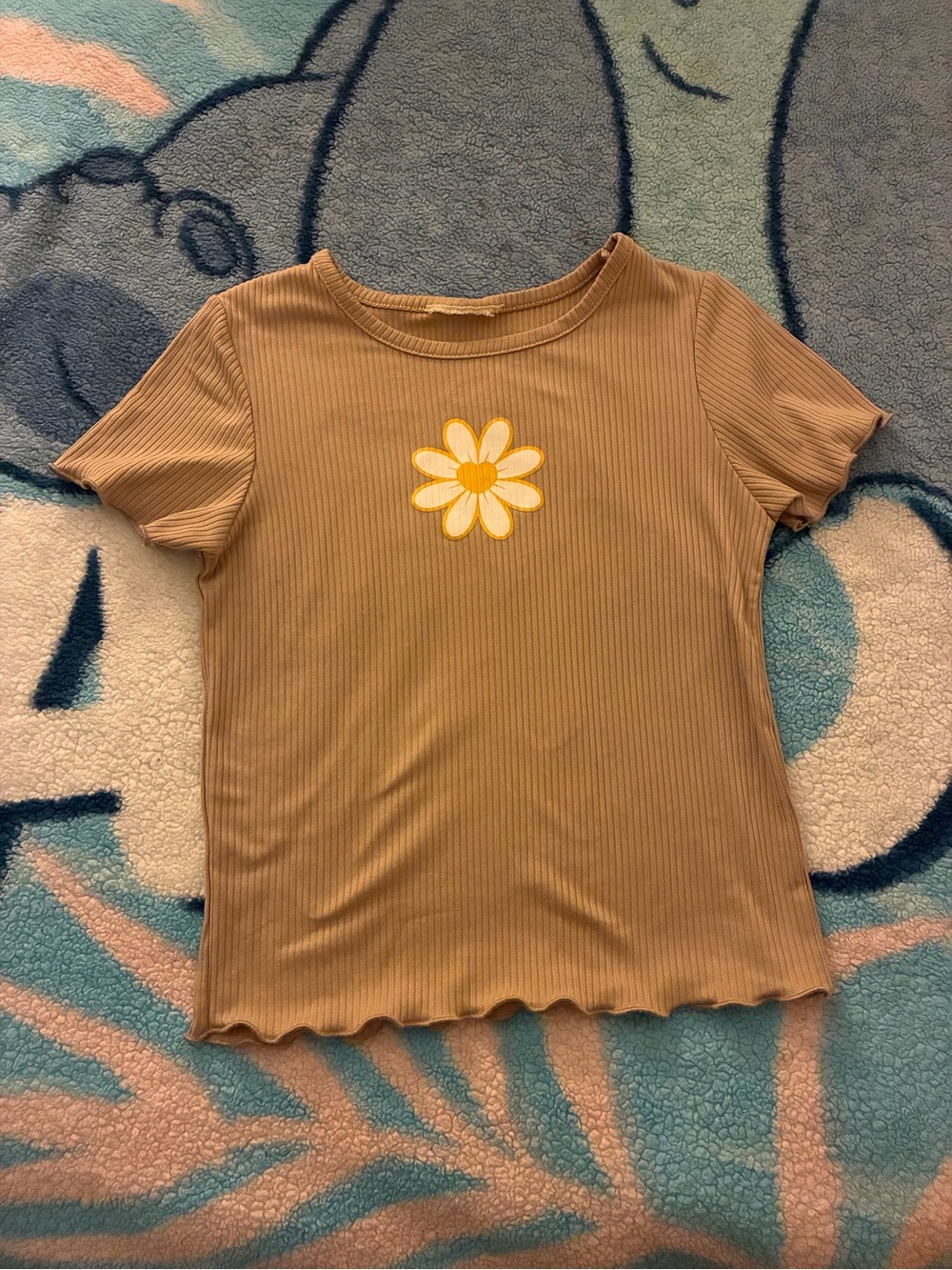 Girls' Tan Ribbed Tee with Yellow Daisy Graphic